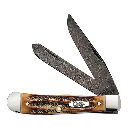 Case - 6.5 Bone Stag - Blued Raindrop Damascus - Trapper - 34800 Traditional Knives - Tophatter Daily Deals