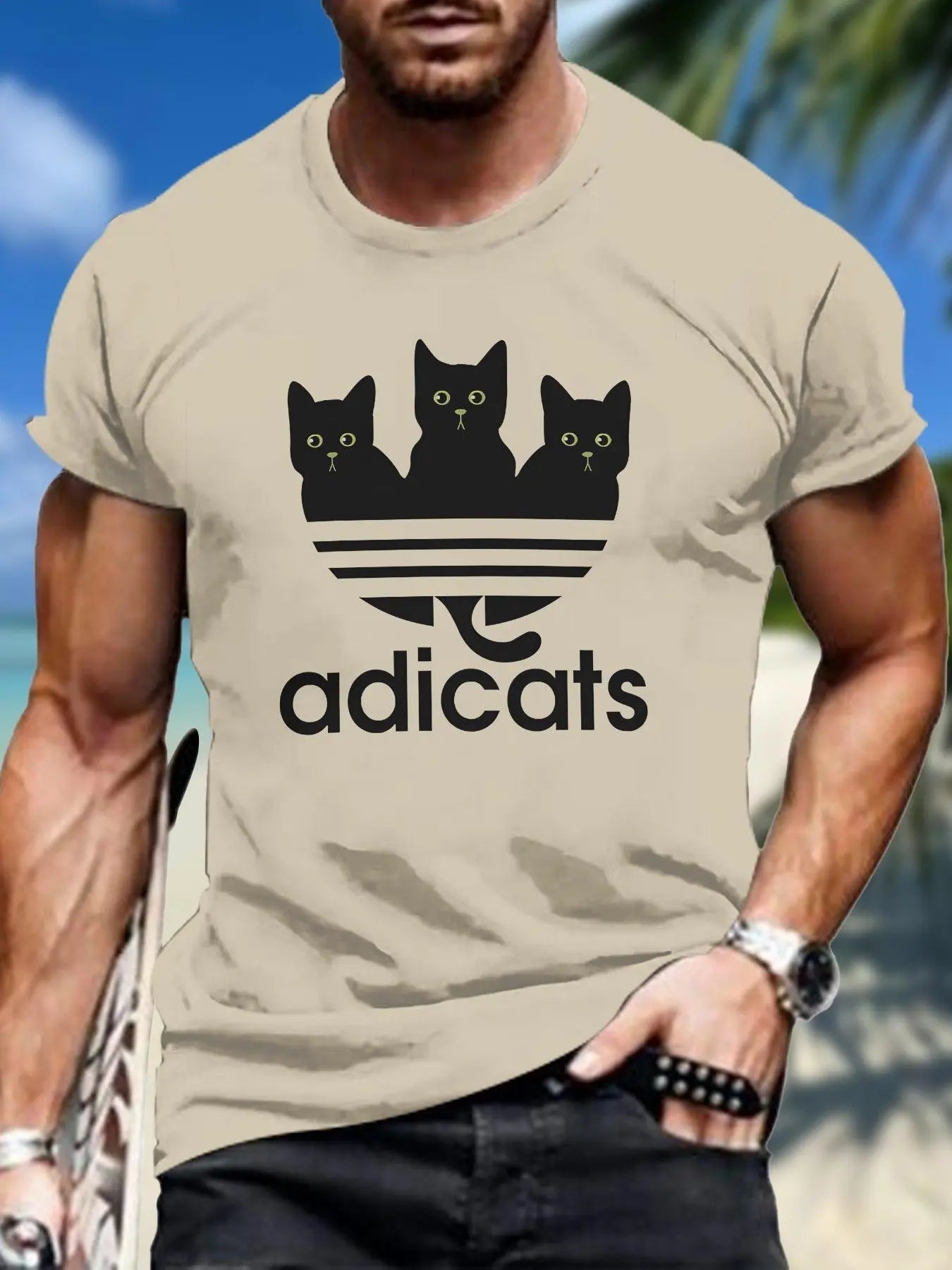 Casual Polyester-Spandex Knit T-Shirt with 3D Cat Print for Adults, Crew Neck, Regular Fit, Breathable Summer Tee with Slight Stretch - Tophatter Daily Deals