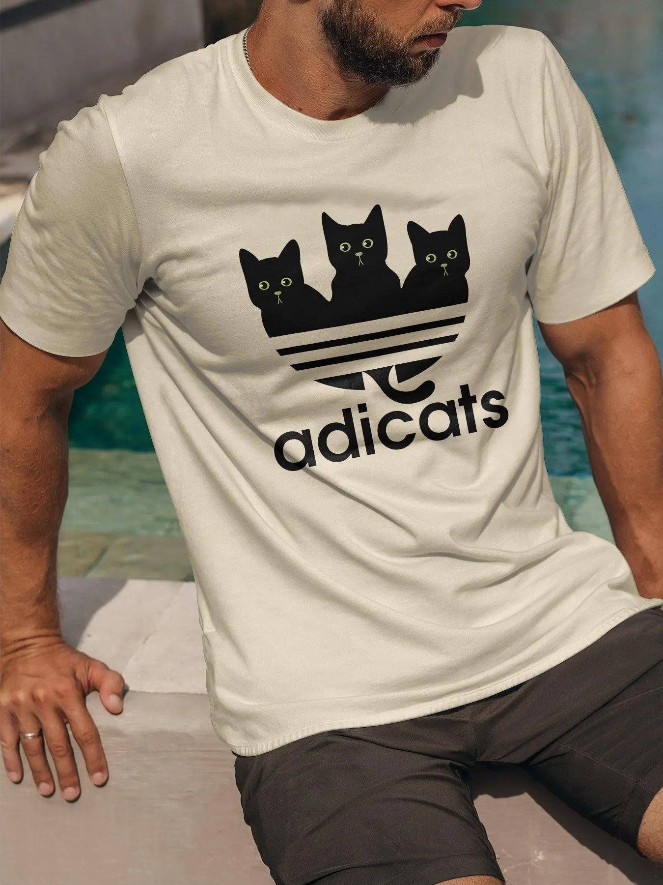 Casual Polyester-Spandex Knit T-Shirt with 3D Cat Print for Adults, Crew Neck, Regular Fit, Breathable Summer Tee with Slight Stretch - Tophatter Daily Deals