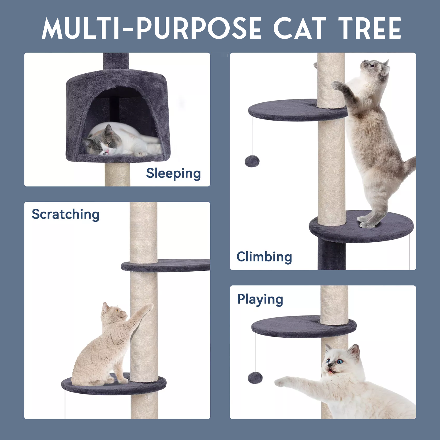 Floor To Ceiling Cat Tree – 220-260cm 4-Tier Climbing Tower Tall Scratching Post for Cats pet - Tophatter Daily Deals