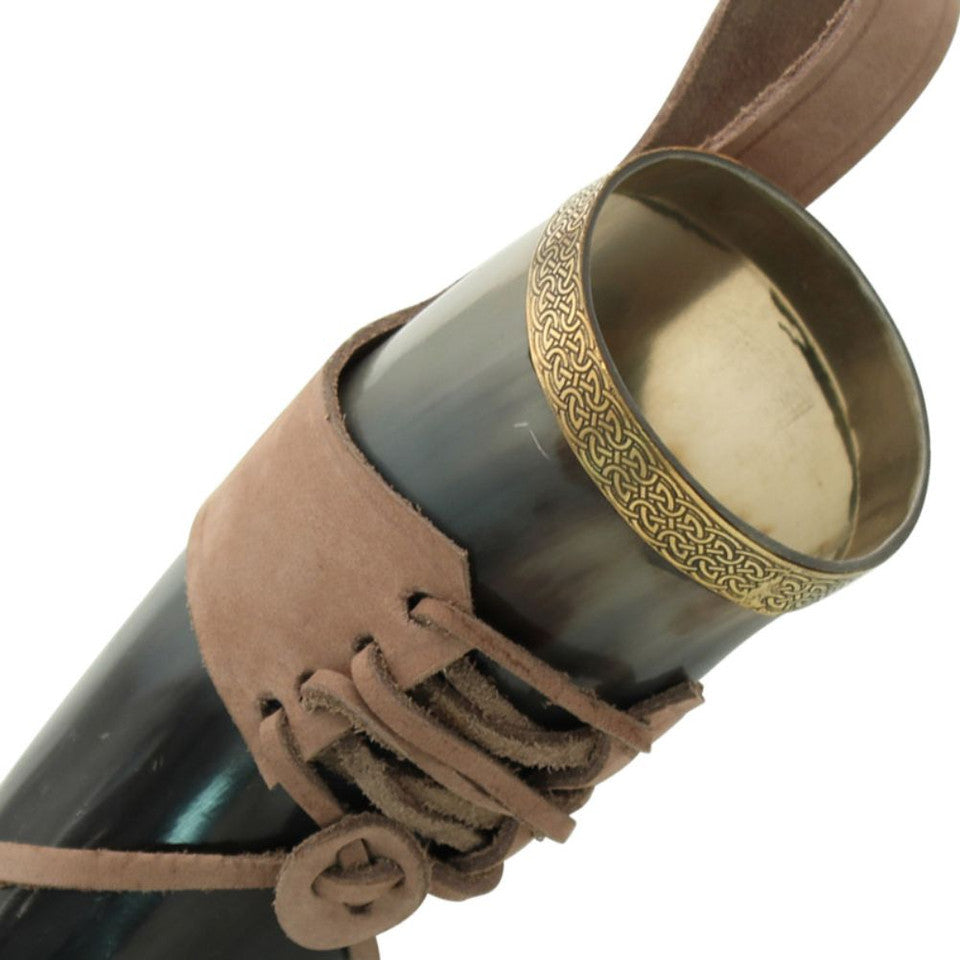 Celtic Elegance Brass Adorned Medieval Drinking Horn with Leather Holder historical period - Tophatter Daily Deals
