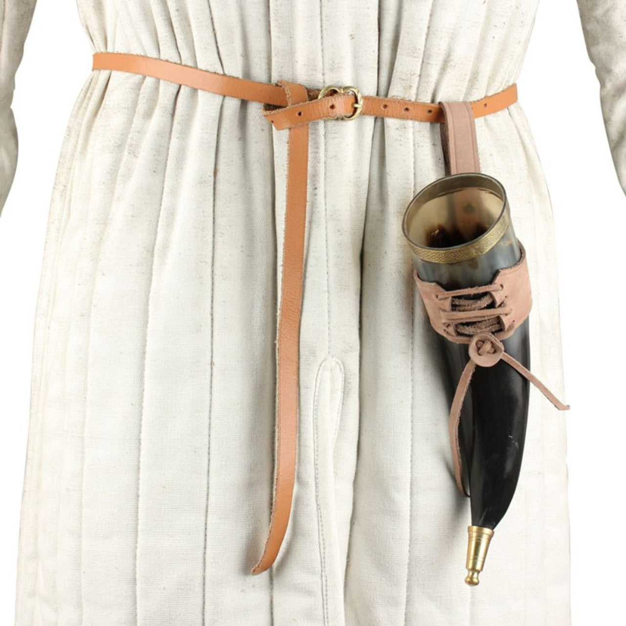 Celtic Elegance Brass Adorned Medieval Drinking Horn with Leather Holder historical period - Tophatter Daily Deals