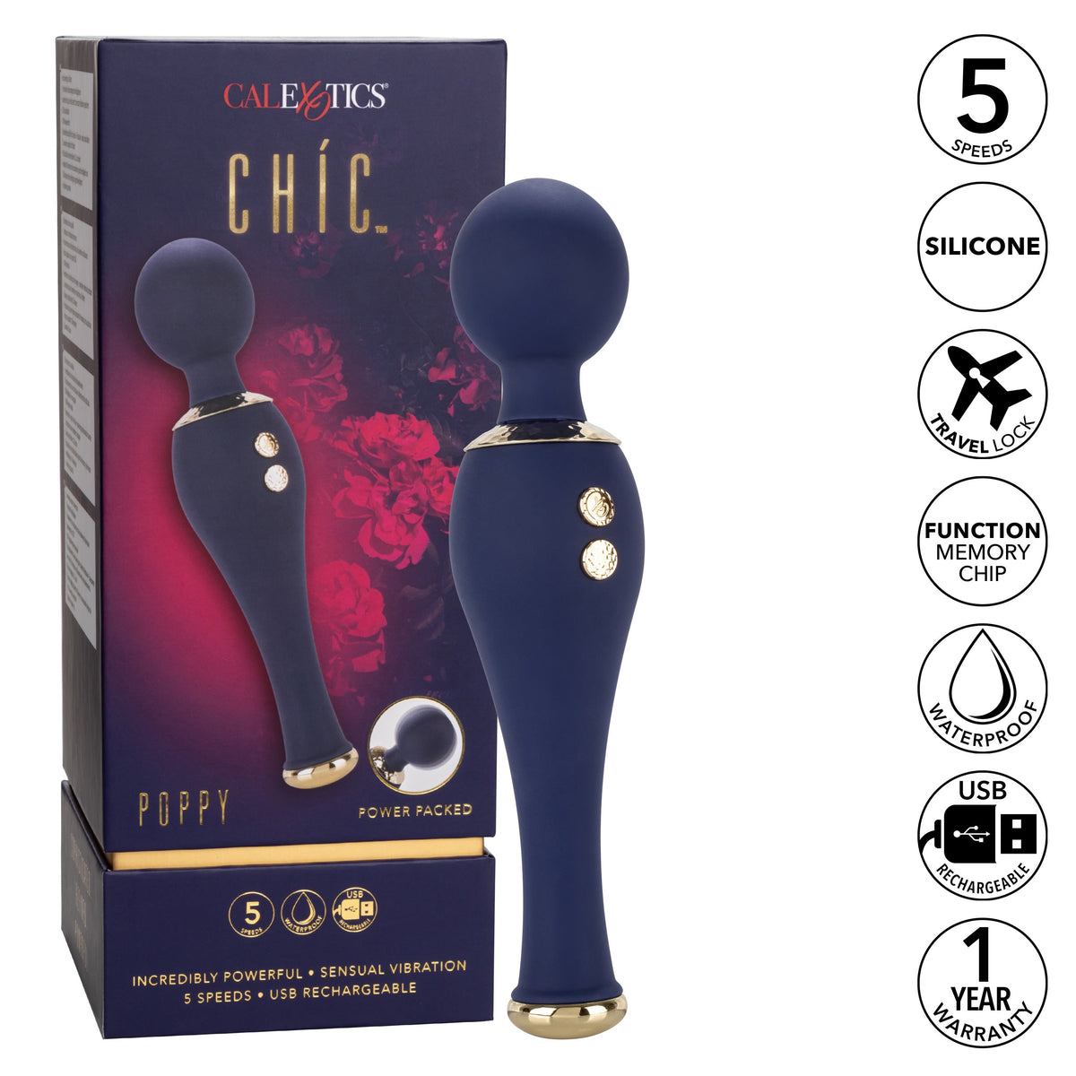 Chic Poppy Navy Blue Ultra-Plush Silicone Massager with 5 Vibration Levels and Gold Accents, Rechargeable, Waterproof > Sex Toys > Massage Wands - Tophatter Daily Deals