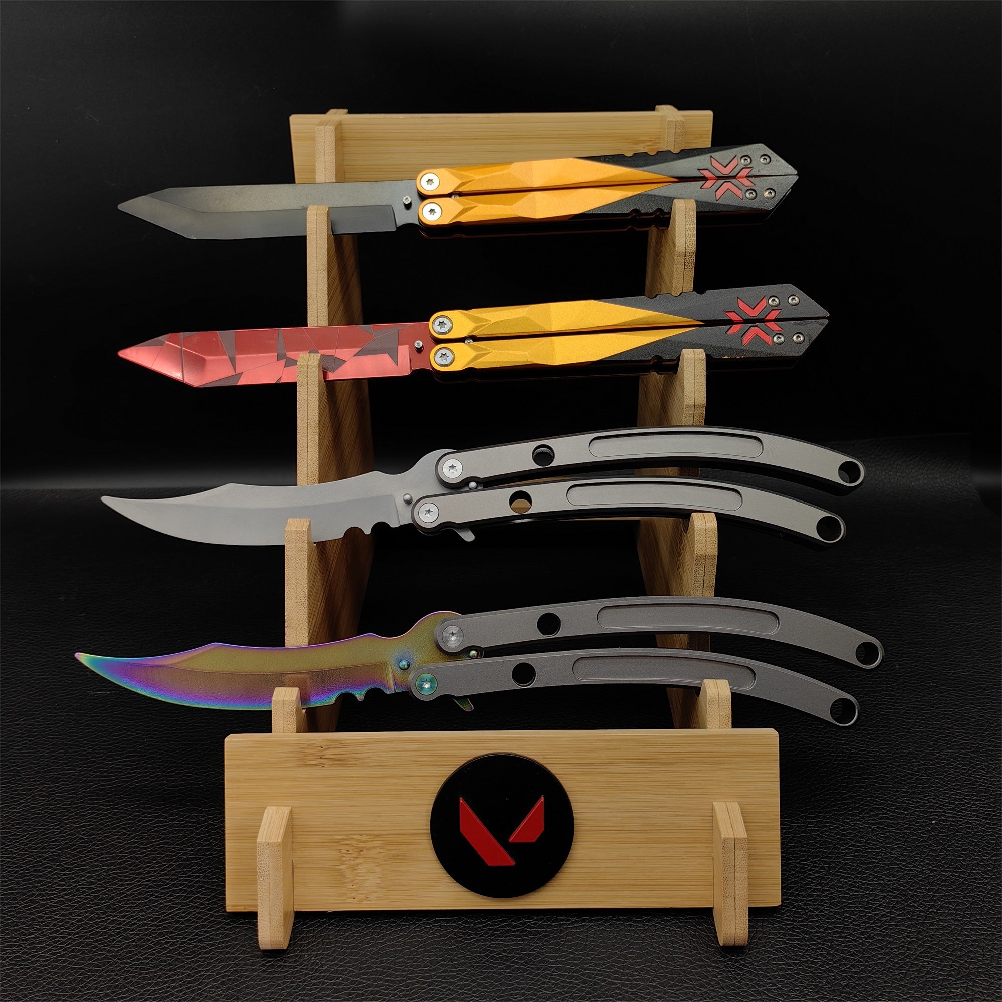 Champions Knife Black Market Butterfly Blunt Blade Balisong Trainer 4 Knives & Stand - Tophatter Daily Deals