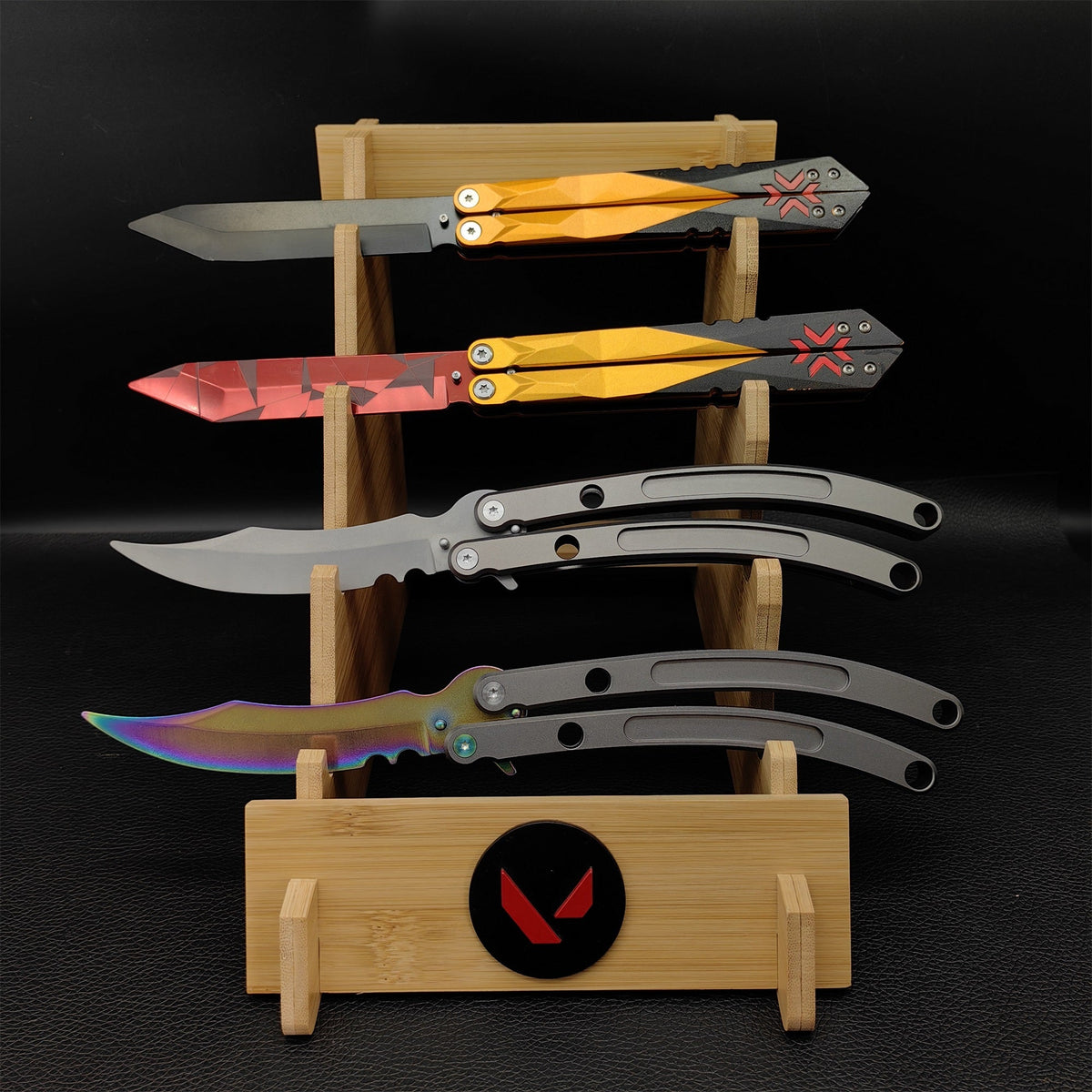 Champions Knife Black Market Butterfly Blunt Blade Balisong Trainer 4 Knives & Stand - Tophatter Daily Deals
