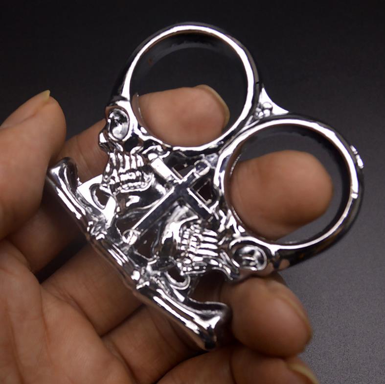 Chaos - Solid Brass Knuckles Duster Two Fingers For Self Defense Window Breaker EDC Supplies Silver - Tophatter Daily Deals