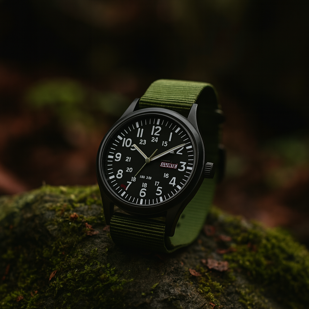 Durable Men’s Hiking Watch – Waterproof Stainless Steel Case, Nylon Strap, 42mm – Green Black Green Black Men's wristwatches - Tophatter Daily Deals