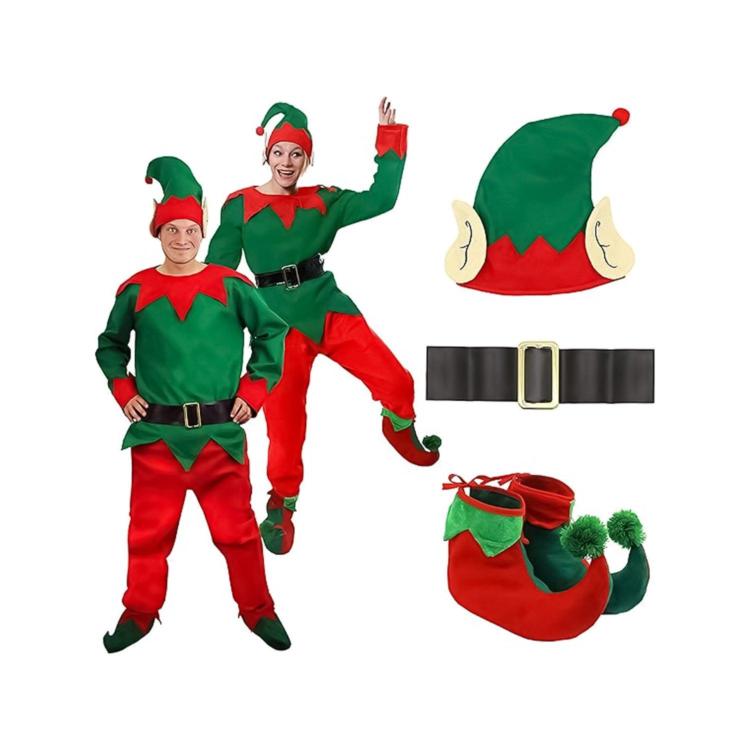 Elf Costume Adults - Unisex Cheeky Elf Christmas Fancy Dress Green Top + Red Trousers + Belt + Elf Hat With Ears + Deluxe Pom Pom Elf Shoes Christmas - Tophatter Daily Deals