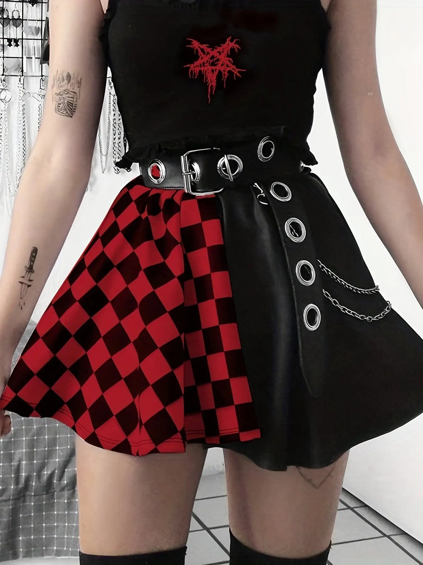 Chessboard Print Splicing Skirt, Gothic Ruched Punk Mini Skirt Without Belt, Women's Clothing - Tophatter Daily Deals