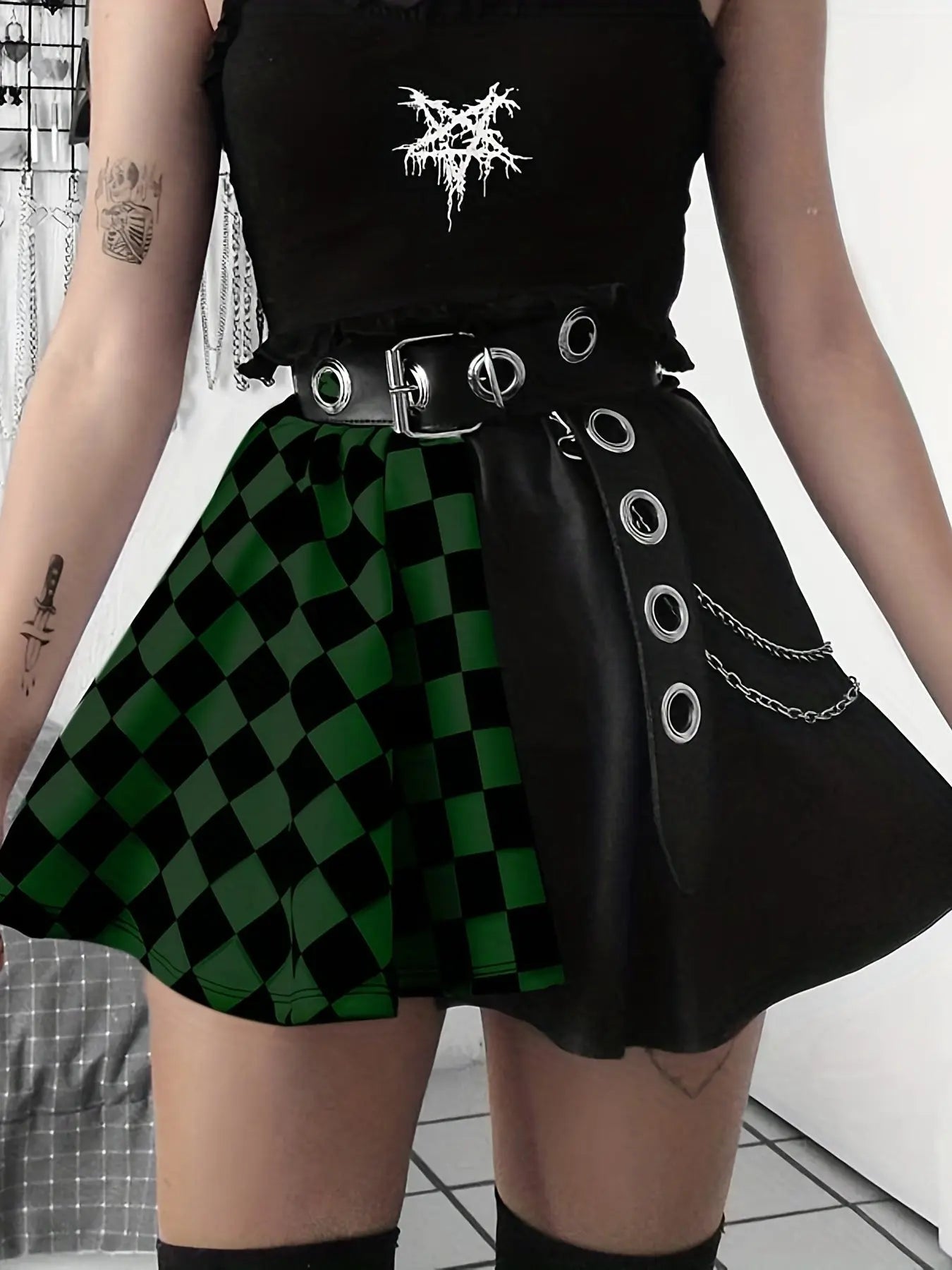Chessboard Print Splicing Skirt, Gothic Ruched Punk Mini Skirt Without Belt, Women's Clothing - Tophatter Daily Deals