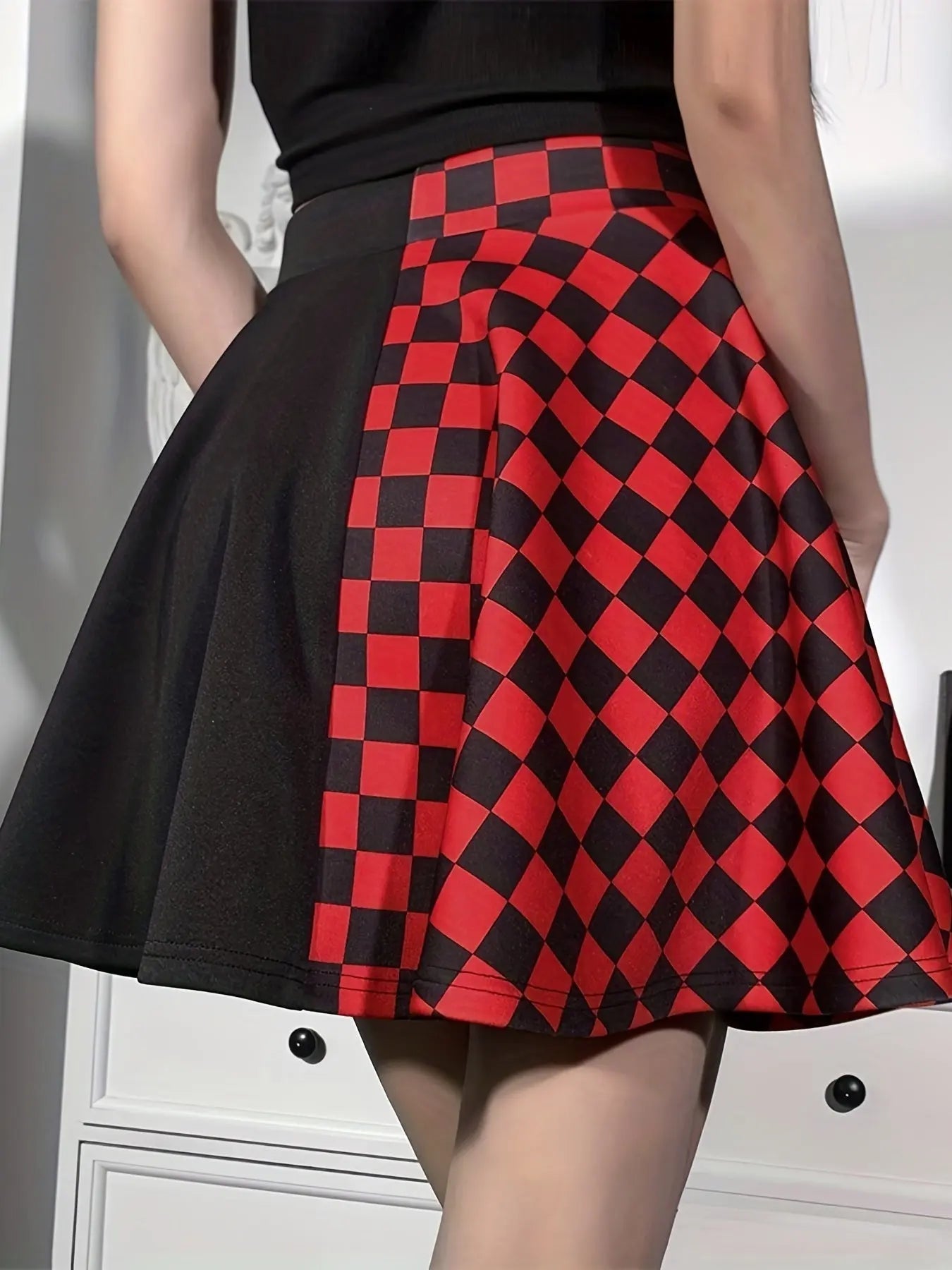 Chessboard Print Splicing Skirt, Gothic Ruched Punk Mini Skirt Without Belt, Women's Clothing - Tophatter Daily Deals