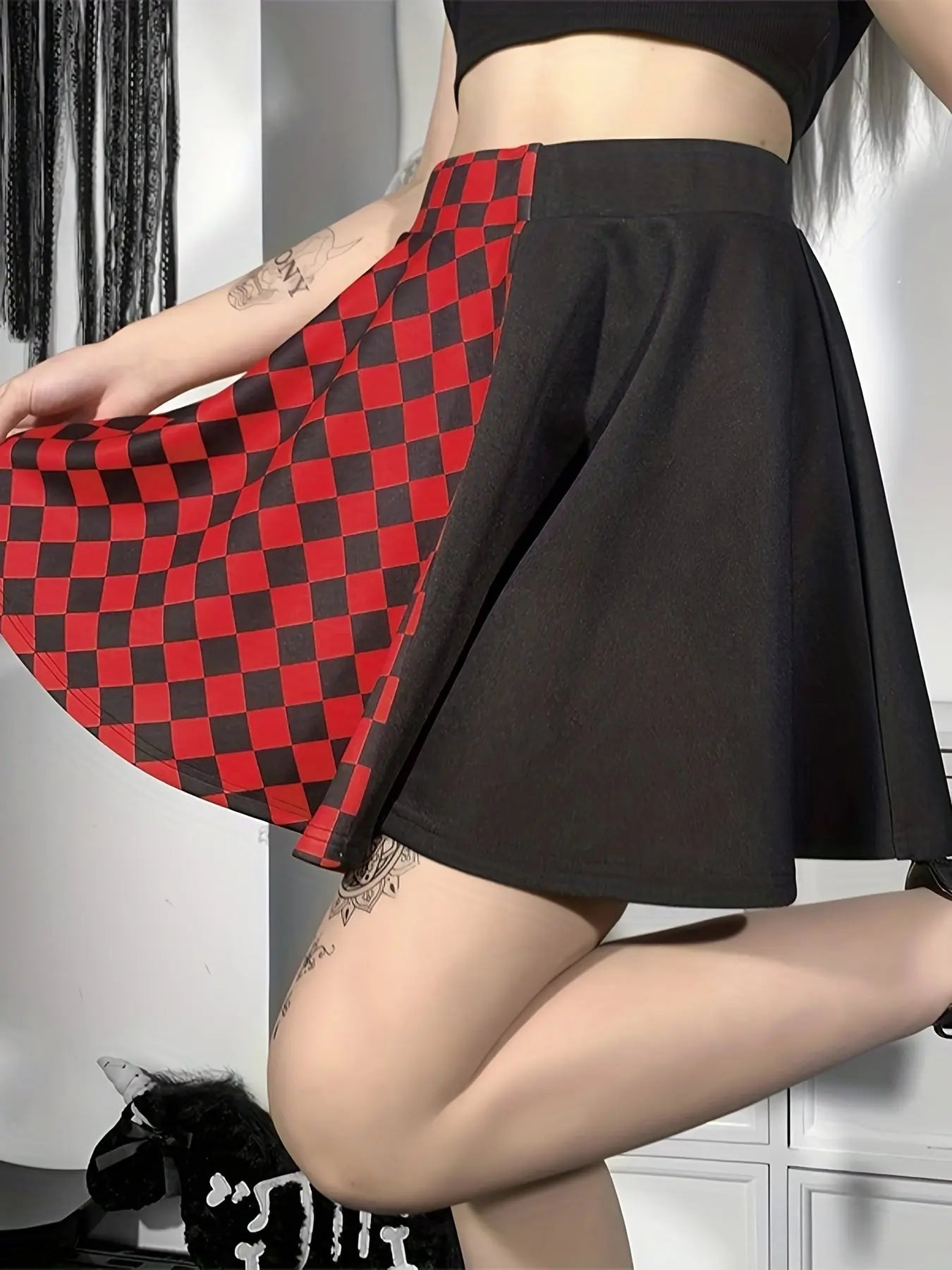 Chessboard Print Splicing Skirt, Gothic Ruched Punk Mini Skirt Without Belt, Women's Clothing - Tophatter Daily Deals
