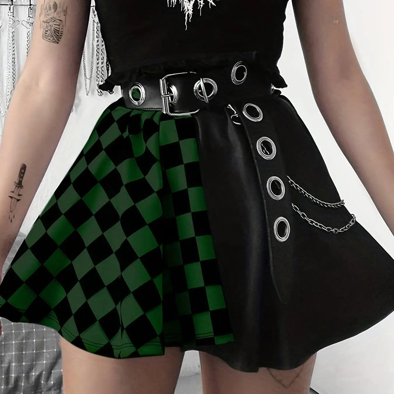 Chessboard Print Splicing Skirt, Gothic Ruched Punk Mini Skirt Without Belt, Women's Clothing - Tophatter Daily Deals