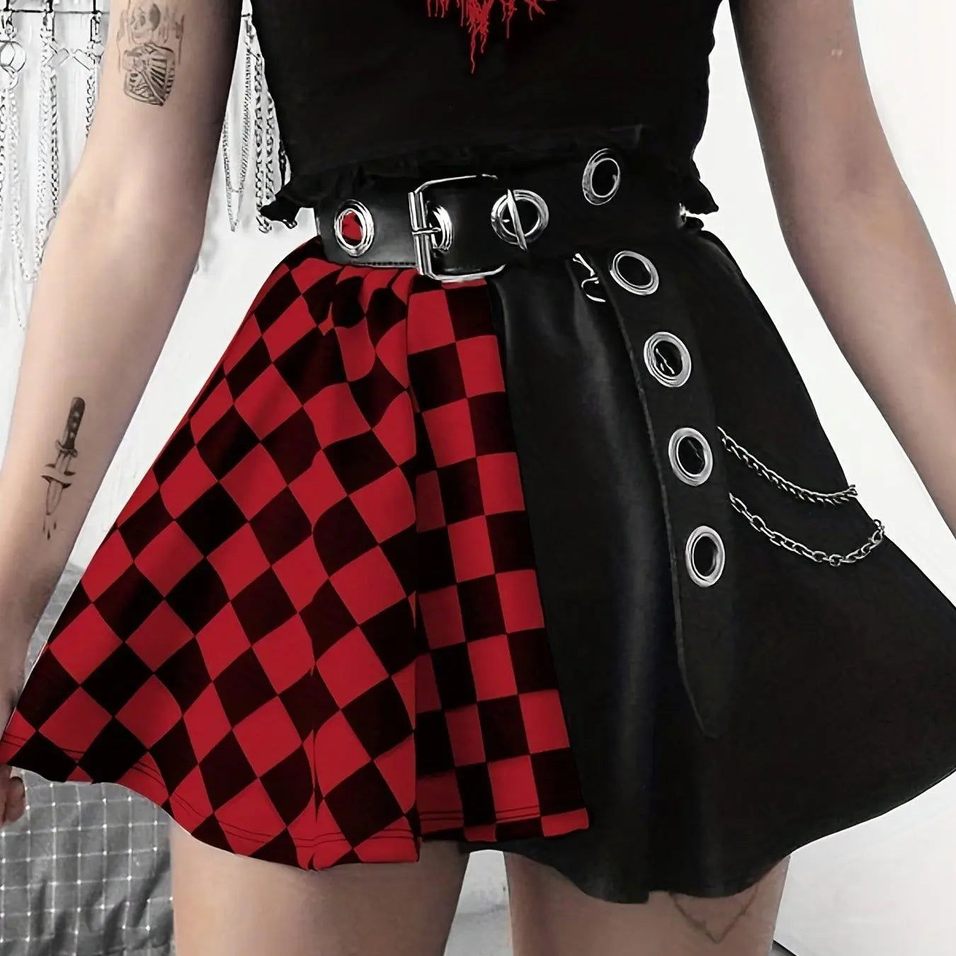 Chessboard Print Splicing Skirt, Gothic Ruched Punk Mini Skirt Without Belt, Women's Clothing - Tophatter Daily Deals
