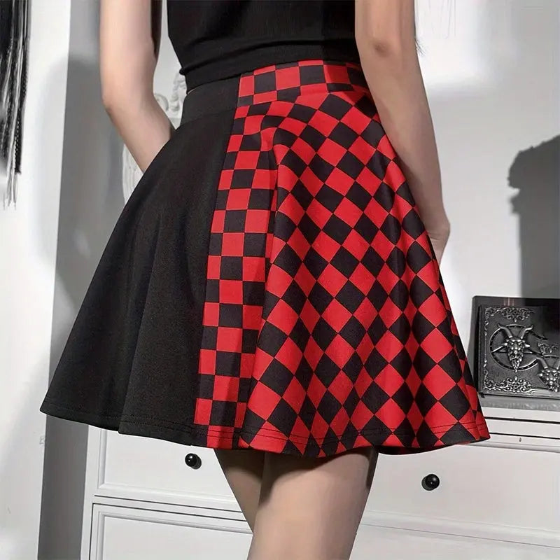 Chessboard Print Splicing Skirt, Gothic Ruched Punk Mini Skirt Without Belt, Women's Clothing - Tophatter Daily Deals