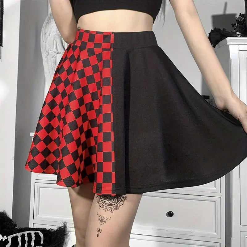 Chessboard Print Splicing Skirt, Gothic Ruched Punk Mini Skirt Without Belt, Women's Clothing - Tophatter Daily Deals