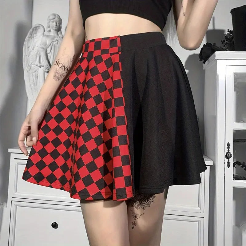 Chessboard Print Splicing Skirt, Gothic Ruched Punk Mini Skirt Without Belt, Women's Clothing - Tophatter Daily Deals