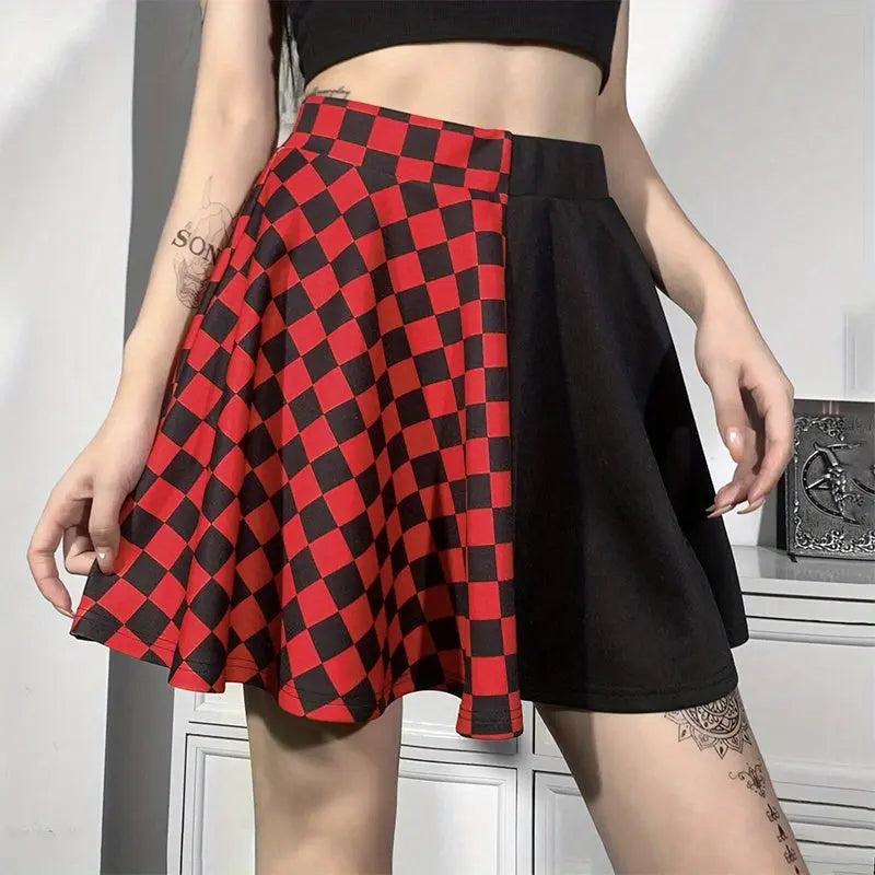 Chessboard Print Splicing Skirt, Gothic Ruched Punk Mini Skirt Without Belt, Women's Clothing - Tophatter Daily Deals