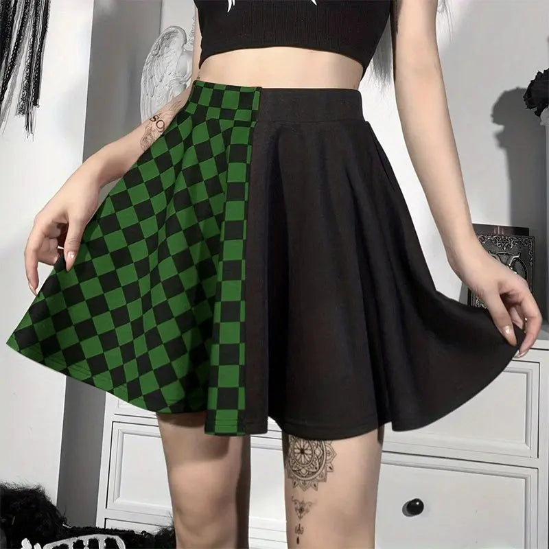 Chessboard Print Splicing Skirt, Gothic Ruched Punk Mini Skirt Without Belt, Women's Clothing - Tophatter Daily Deals
