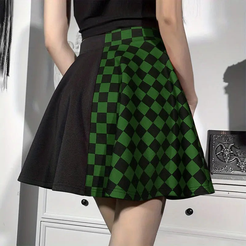 Chessboard Print Splicing Skirt, Gothic Ruched Punk Mini Skirt Without Belt, Women's Clothing - Tophatter Daily Deals