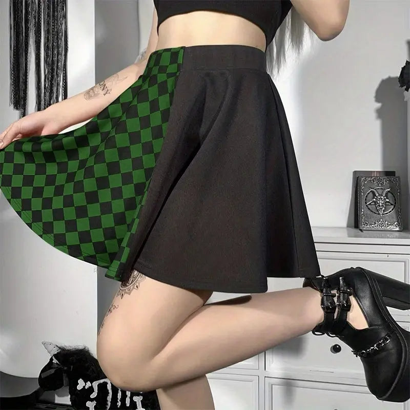 Chessboard Print Splicing Skirt, Gothic Ruched Punk Mini Skirt Without Belt, Women's Clothing - Tophatter Daily Deals