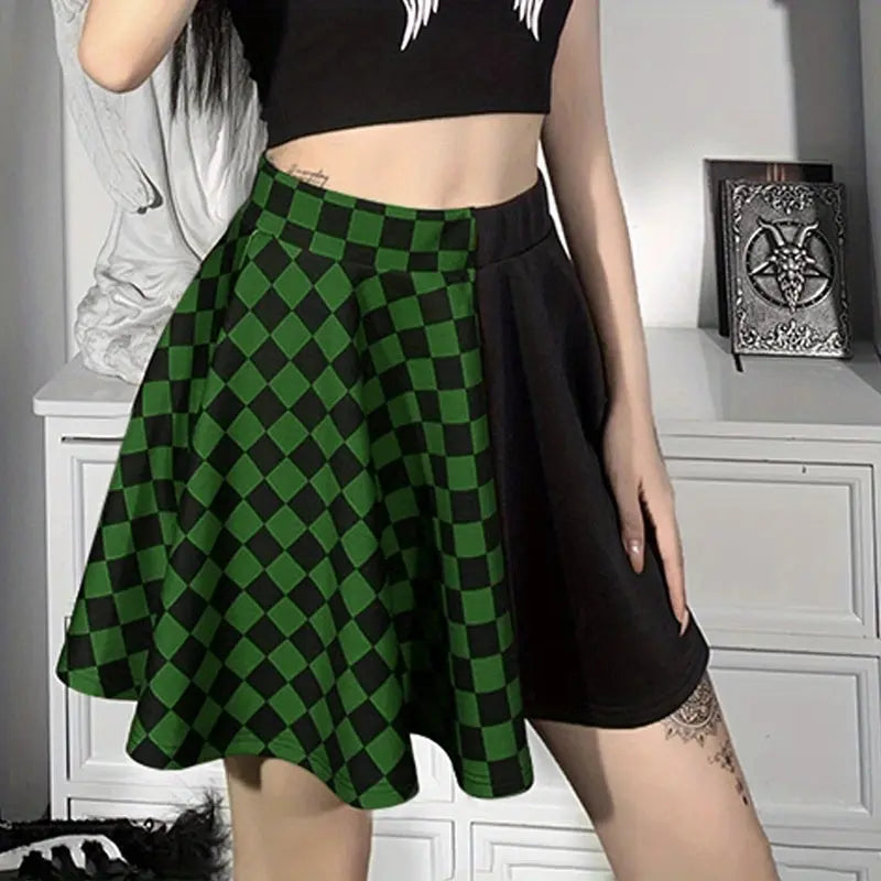 Chessboard Print Splicing Skirt, Gothic Ruched Punk Mini Skirt Without Belt, Women's Clothing - Tophatter Daily Deals