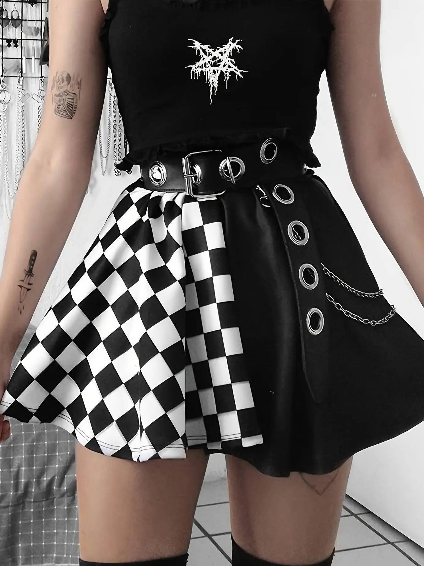 Chessboard Print Splicing Skirt, Gothic Ruched Punk Mini Skirt Without Belt, Women's Clothing - Tophatter Daily Deals