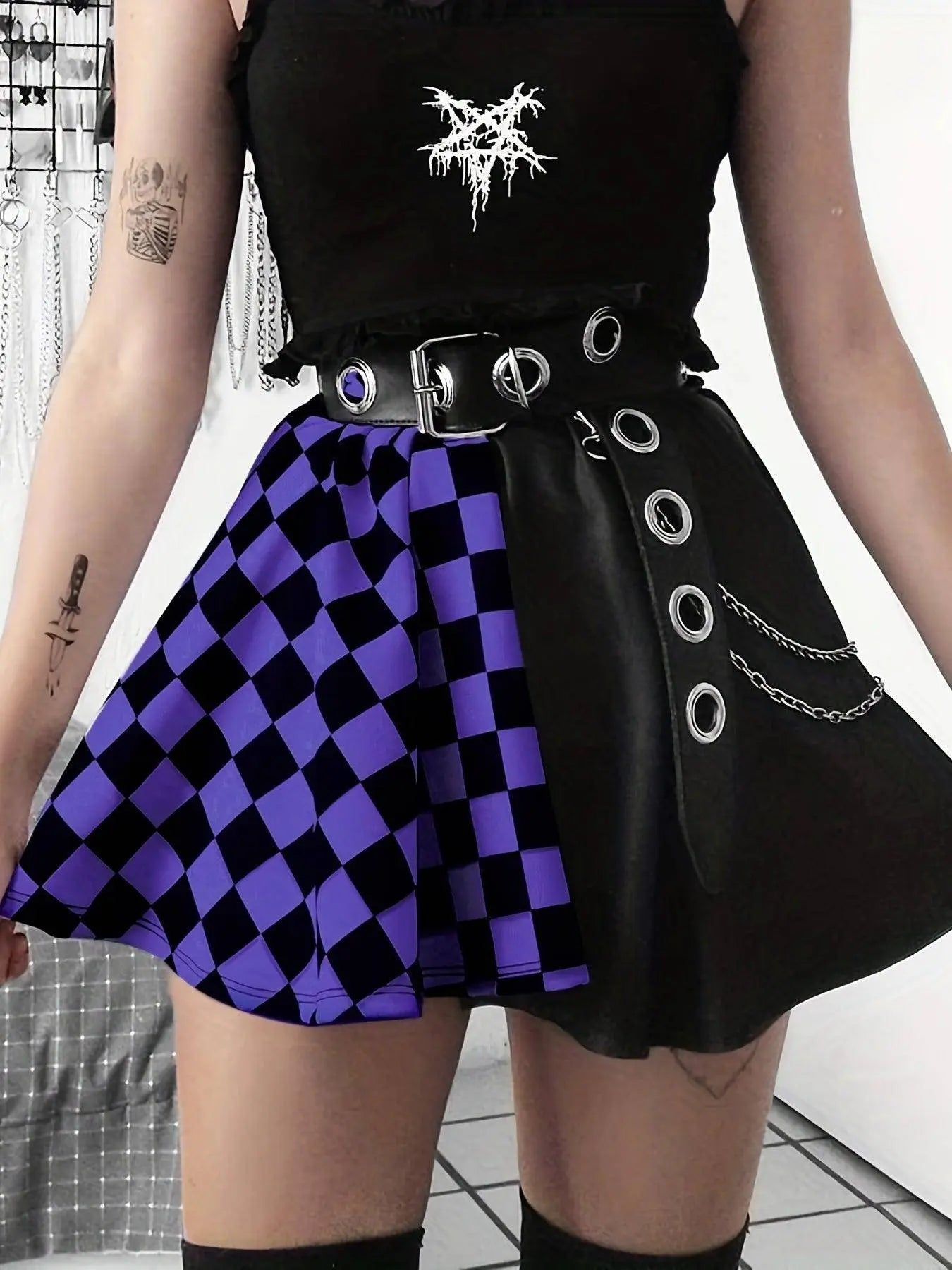 Chessboard Print Splicing Skirt, Gothic Ruched Punk Mini Skirt Without Belt, Women's Clothing - Tophatter Daily Deals