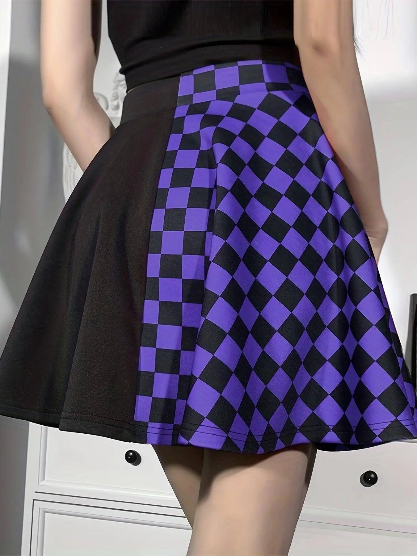 Chessboard Print Splicing Skirt, Gothic Ruched Punk Mini Skirt Without Belt, Women's Clothing - Tophatter Daily Deals