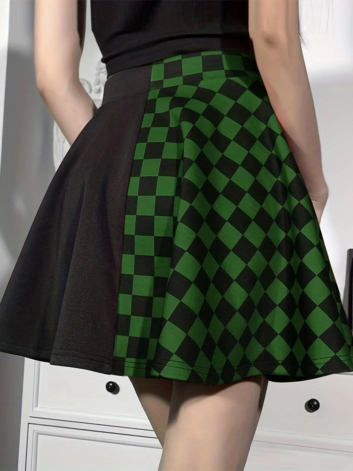 Chessboard Print Splicing Skirt, Gothic Ruched Punk Mini Skirt Without Belt, Women's Clothing - Tophatter Daily Deals