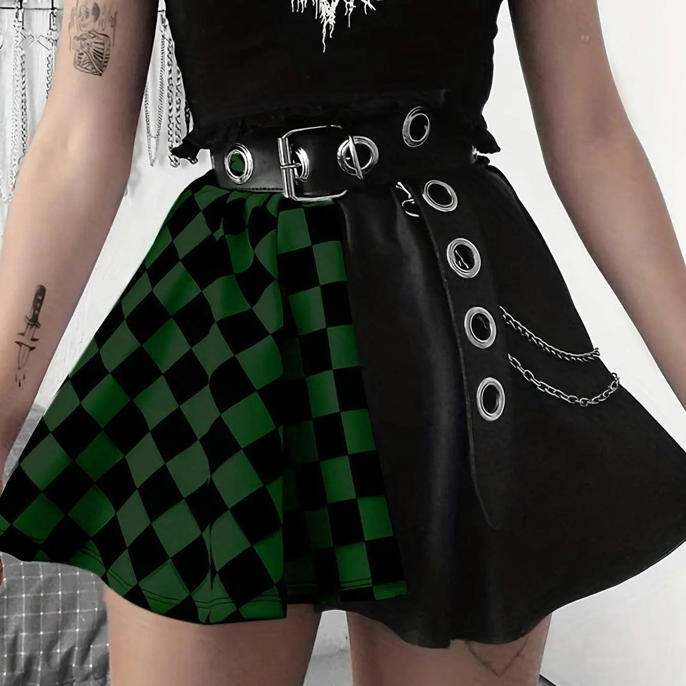 Chessboard Print Splicing Skirt, Gothic Ruched Punk Mini Skirt Without Belt, Women's Clothing Dark Green - Tophatter Daily Deals