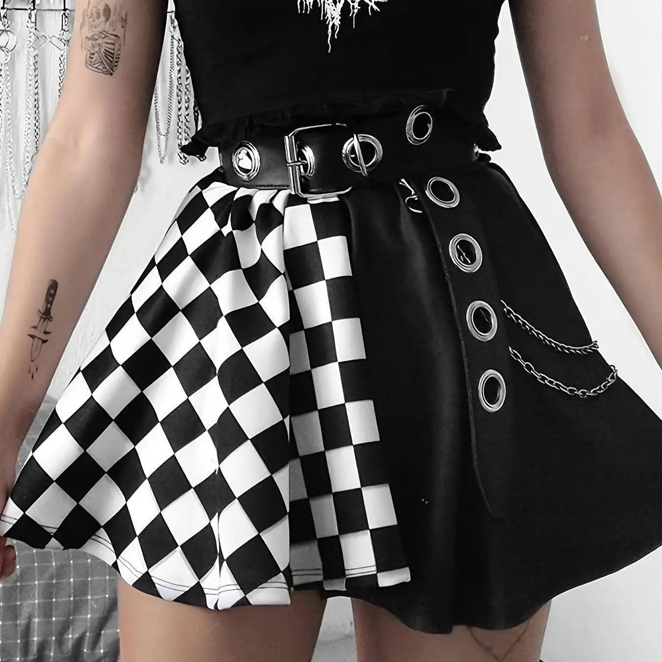 Chessboard Print Splicing Skirt, Gothic Ruched Punk Mini Skirt Without Belt, Women's Clothing Black - Tophatter Daily Deals