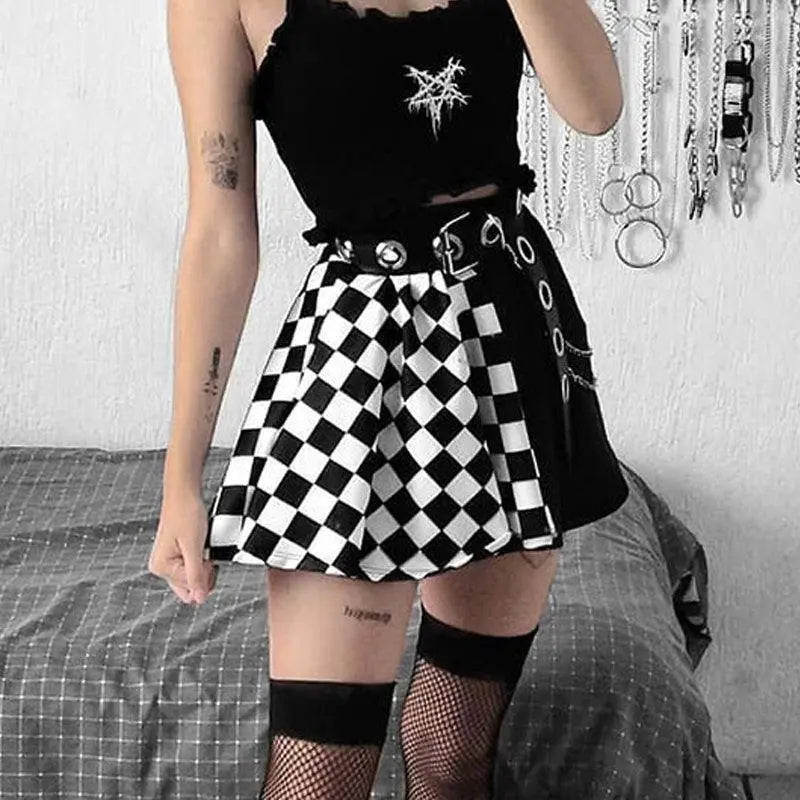 Chessboard Print Splicing Skirt, Gothic Ruched Punk Mini Skirt Without Belt, Women's Clothing - Tophatter Daily Deals