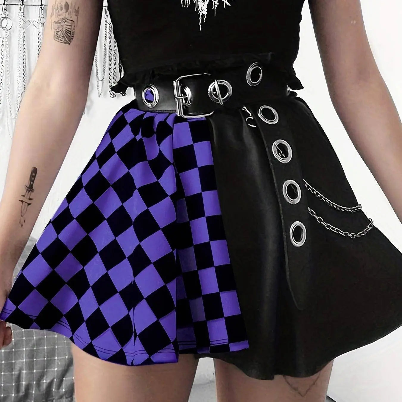 Chessboard Print Splicing Skirt, Gothic Ruched Punk Mini Skirt Without Belt, Women's Clothing Violet Blue - Tophatter Daily Deals