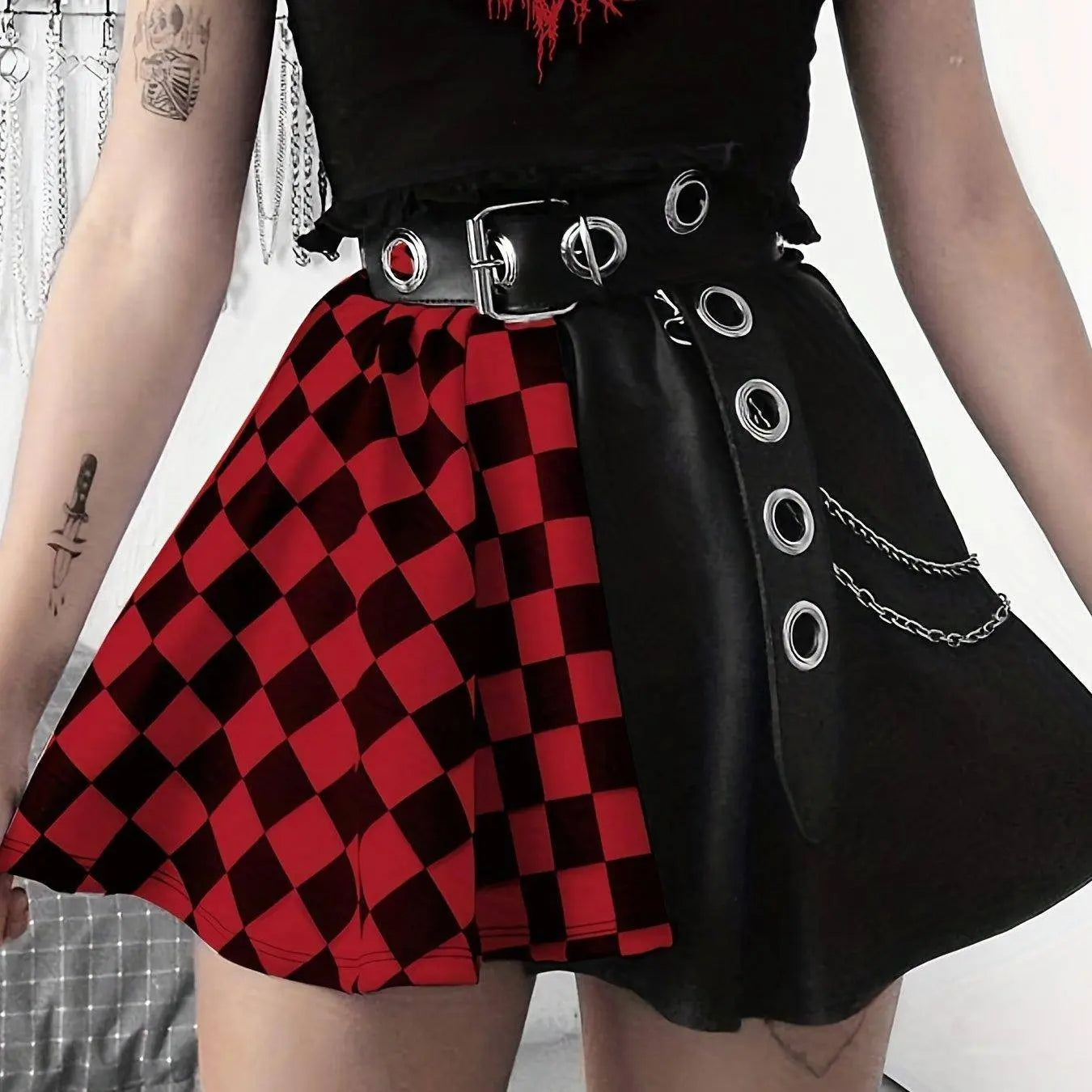 Chessboard Print Splicing Skirt, Gothic Ruched Punk Mini Skirt Without Belt, Women's Clothing Red - Tophatter Daily Deals