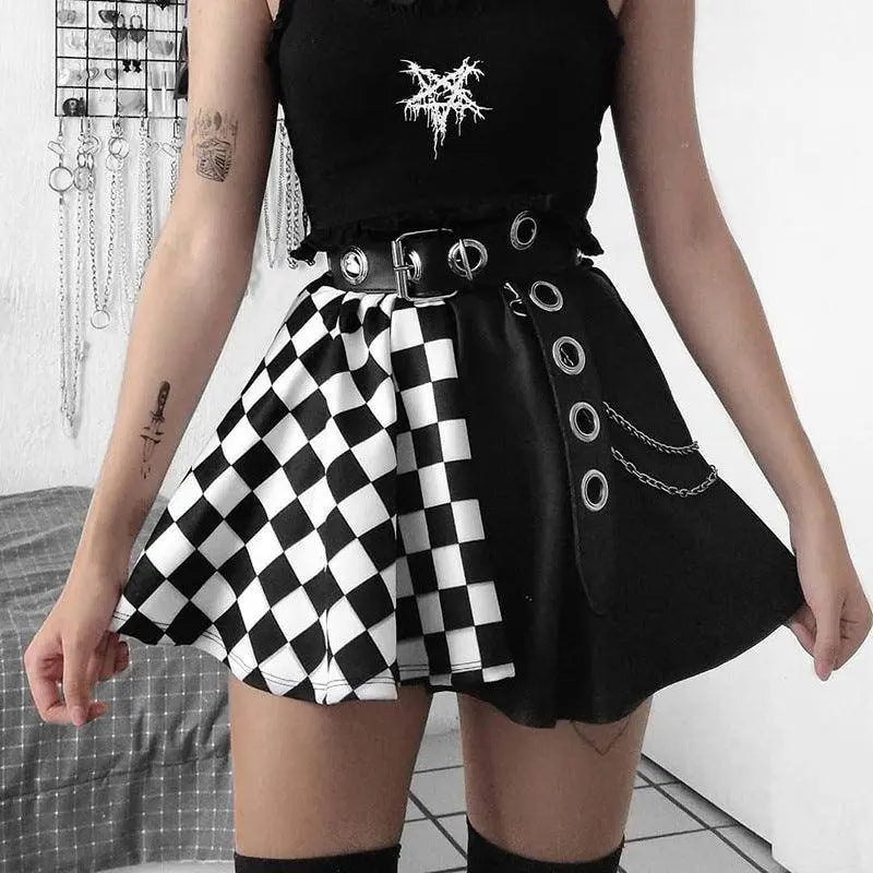 Chessboard Print Splicing Skirt, Gothic Ruched Punk Mini Skirt Without Belt, Women's Clothing - Tophatter Daily Deals