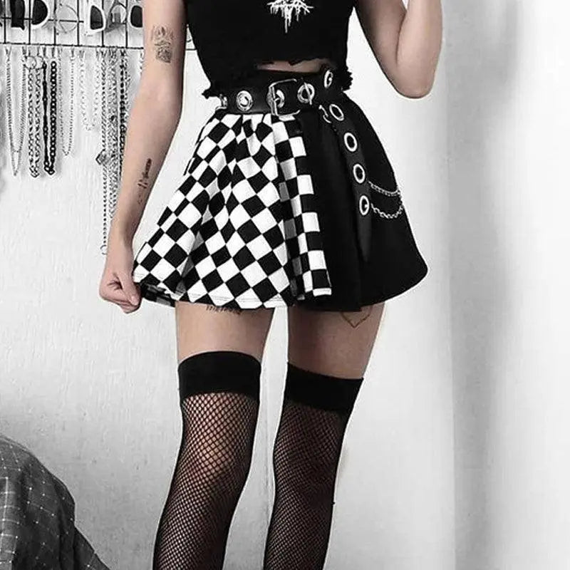 Chessboard Print Splicing Skirt, Gothic Ruched Punk Mini Skirt Without Belt, Women's Clothing - Tophatter Daily Deals