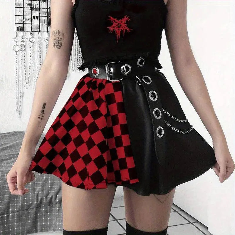 Chessboard Print Splicing Skirt, Gothic Ruched Punk Mini Skirt Without Belt, Women's Clothing - Tophatter Daily Deals