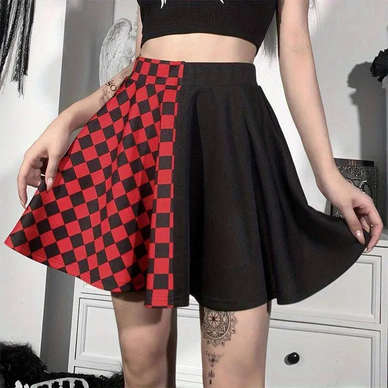 Chessboard Print Splicing Skirt, Gothic Ruched Punk Mini Skirt Without Belt, Women's Clothing - Tophatter Daily Deals