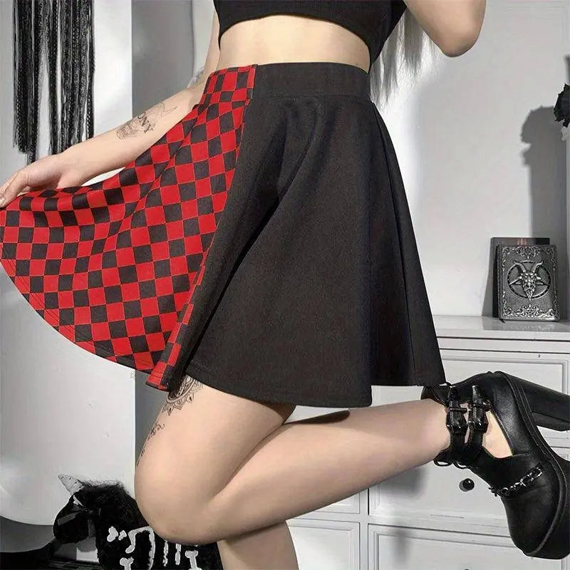 Chessboard Print Splicing Skirt, Gothic Ruched Punk Mini Skirt Without Belt, Women's Clothing - Tophatter Daily Deals