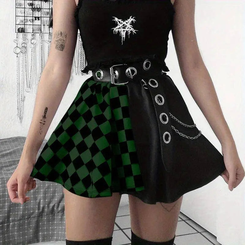Chessboard Print Splicing Skirt, Gothic Ruched Punk Mini Skirt Without Belt, Women's Clothing - Tophatter Daily Deals
