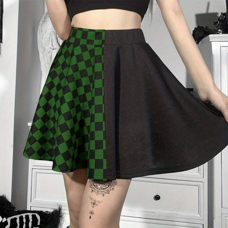 Chessboard Print Splicing Skirt, Gothic Ruched Punk Mini Skirt Without Belt, Women's Clothing - Tophatter Daily Deals