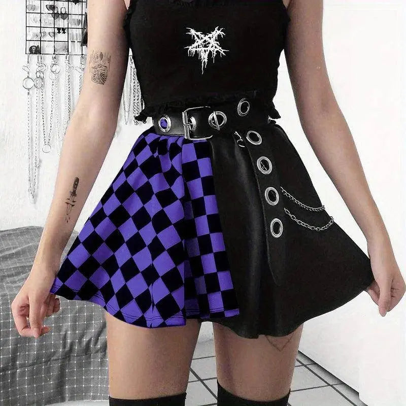 Chessboard Print Splicing Skirt, Gothic Ruched Punk Mini Skirt Without Belt, Women's Clothing - Tophatter Daily Deals