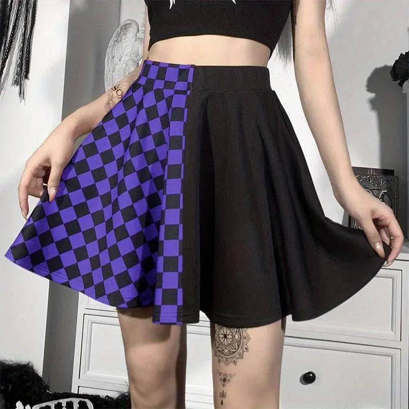 Chessboard Print Splicing Skirt, Gothic Ruched Punk Mini Skirt Without Belt, Women's Clothing - Tophatter Daily Deals