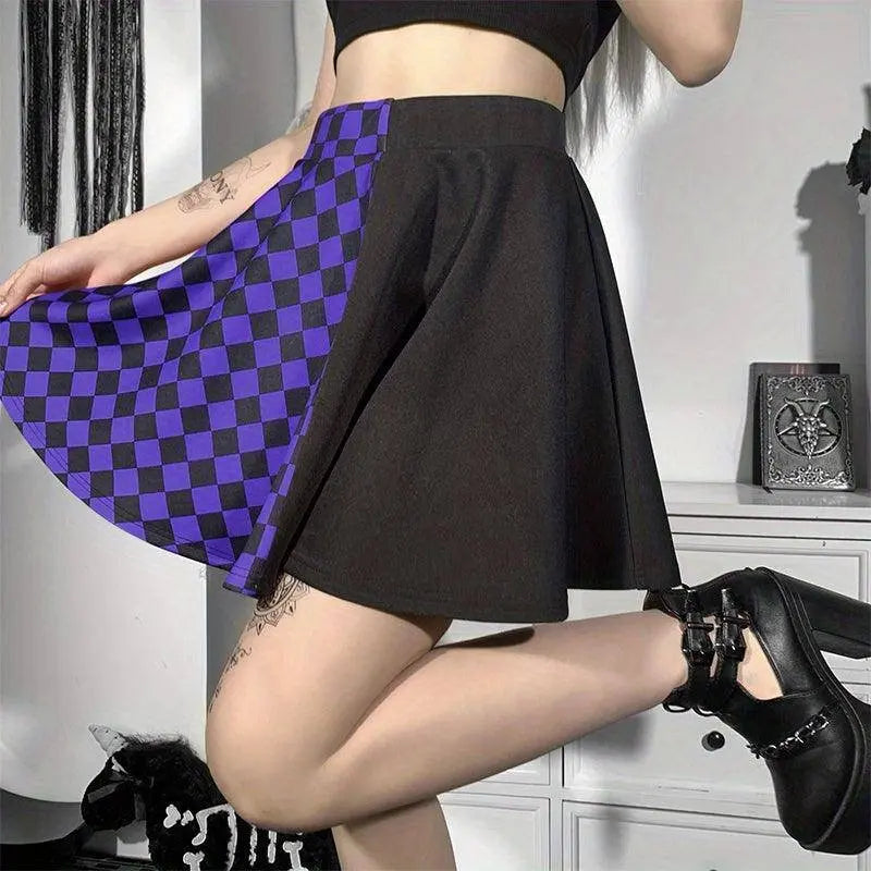 Chessboard Print Splicing Skirt, Gothic Ruched Punk Mini Skirt Without Belt, Women's Clothing - Tophatter Daily Deals