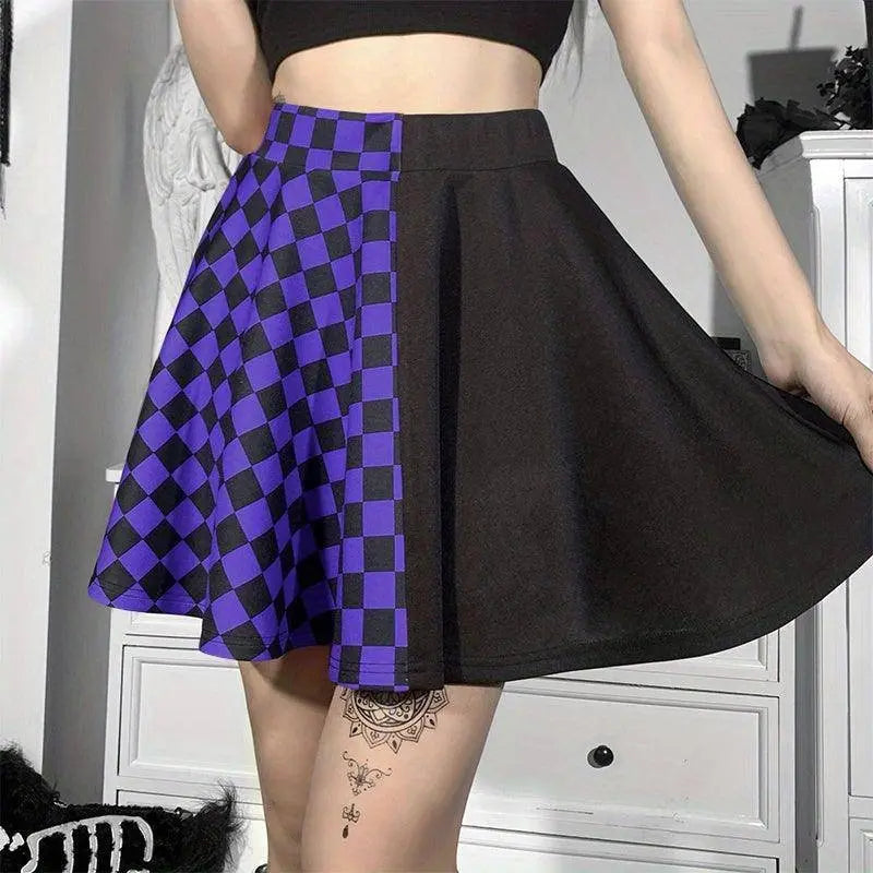Chessboard Print Splicing Skirt, Gothic Ruched Punk Mini Skirt Without Belt, Women's Clothing - Tophatter Daily Deals