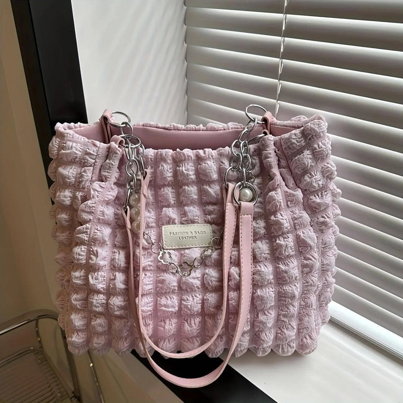 Chic Pleated Cloud Shoulder Bag - Bubble Ruched Tote with Soft Comfort - Fashionable Everyday Accessory for Women Sakura Pink - Tophatter Daily Deals