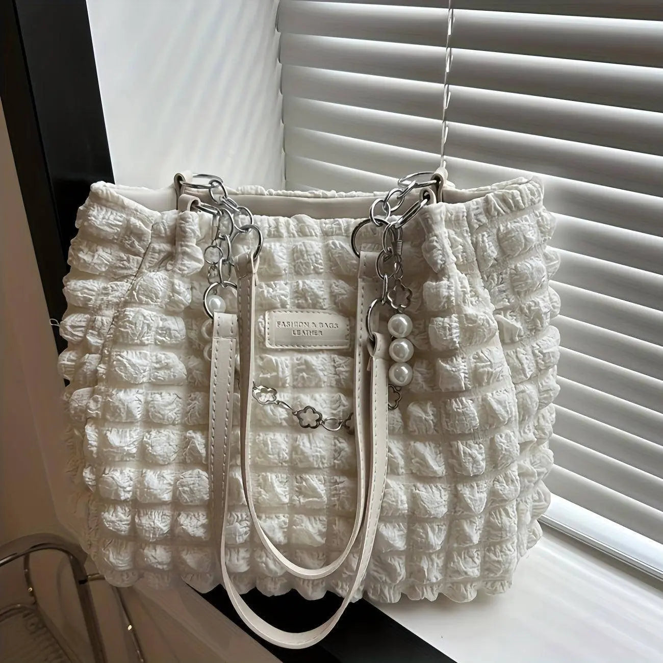 Chic Pleated Cloud Shoulder Bag - Bubble Ruched Tote with Soft Comfort - Fashionable Everyday Accessory for Women Cloudy White - Tophatter Daily Deals