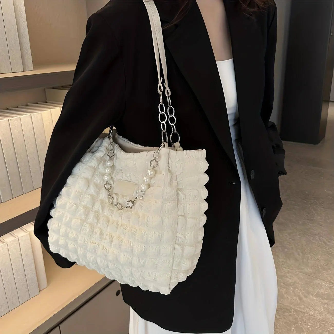 Chic Pleated Cloud Shoulder Bag - Bubble Ruched Tote with Soft Comfort - Fashionable Everyday Accessory for Women - Tophatter Daily Deals
