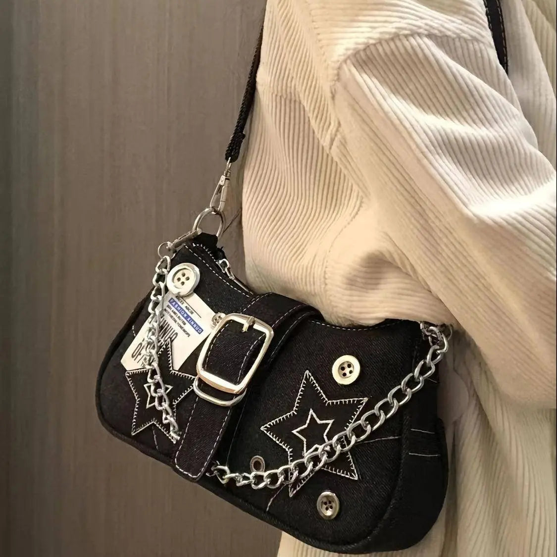 Chic Y2K Denim Shoulder Bag with Star Accents, Secure Zip Closure & Durable Polyester Lining - Fashionable Chain Detail, Embroidered Design, Lightweight - 23.01x7.01x13.0 cm - Tophatter Daily Deals